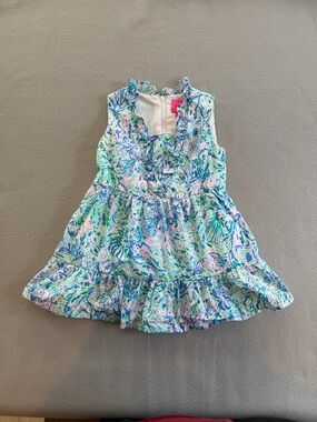 Lilly Pulitzer Seafoam, Aqua & Pastel Pink Floral Ruffle Dress, Girls 2T